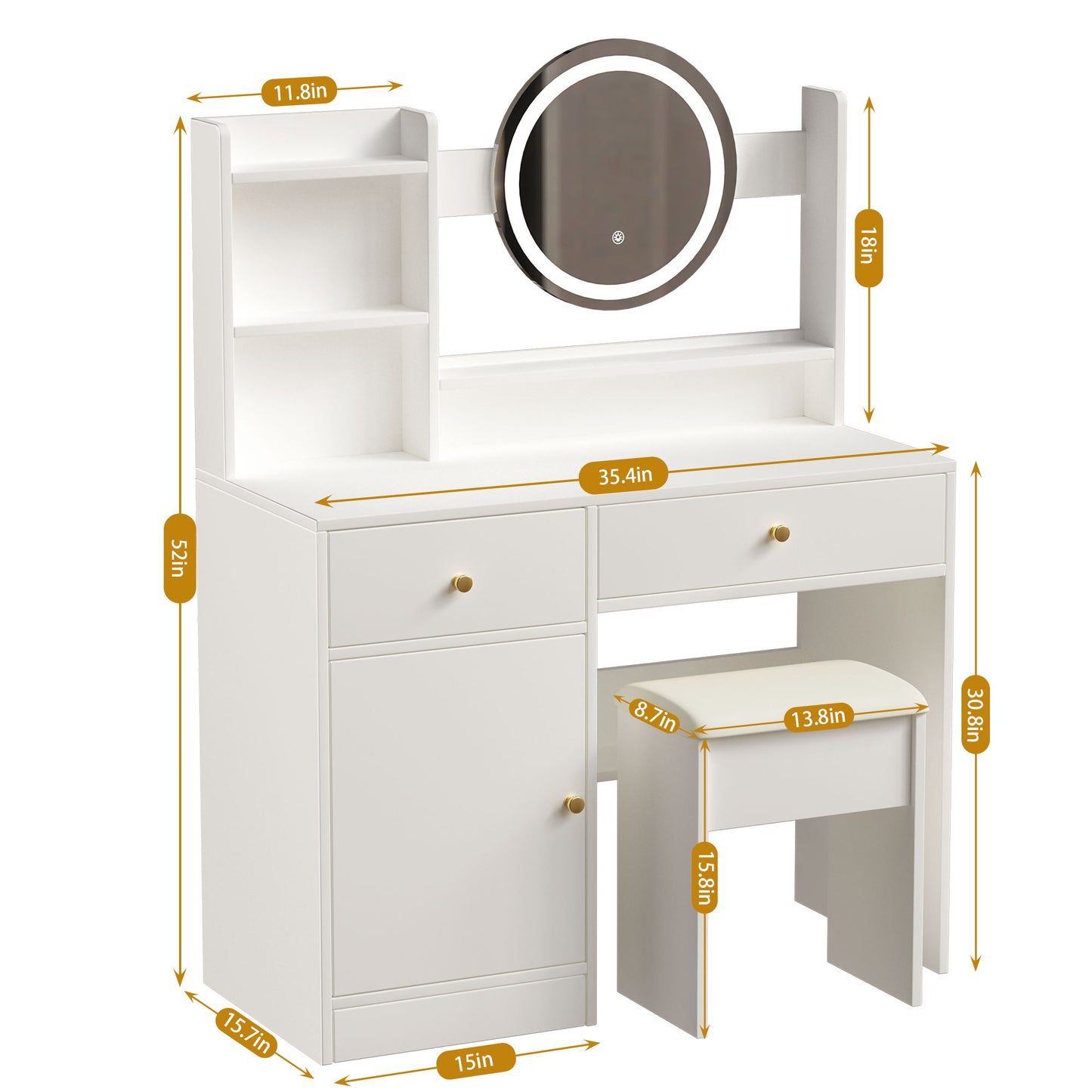 Fashion Vanity Desk With Mirror And Lights For Makeup And Cushioned Chair - White