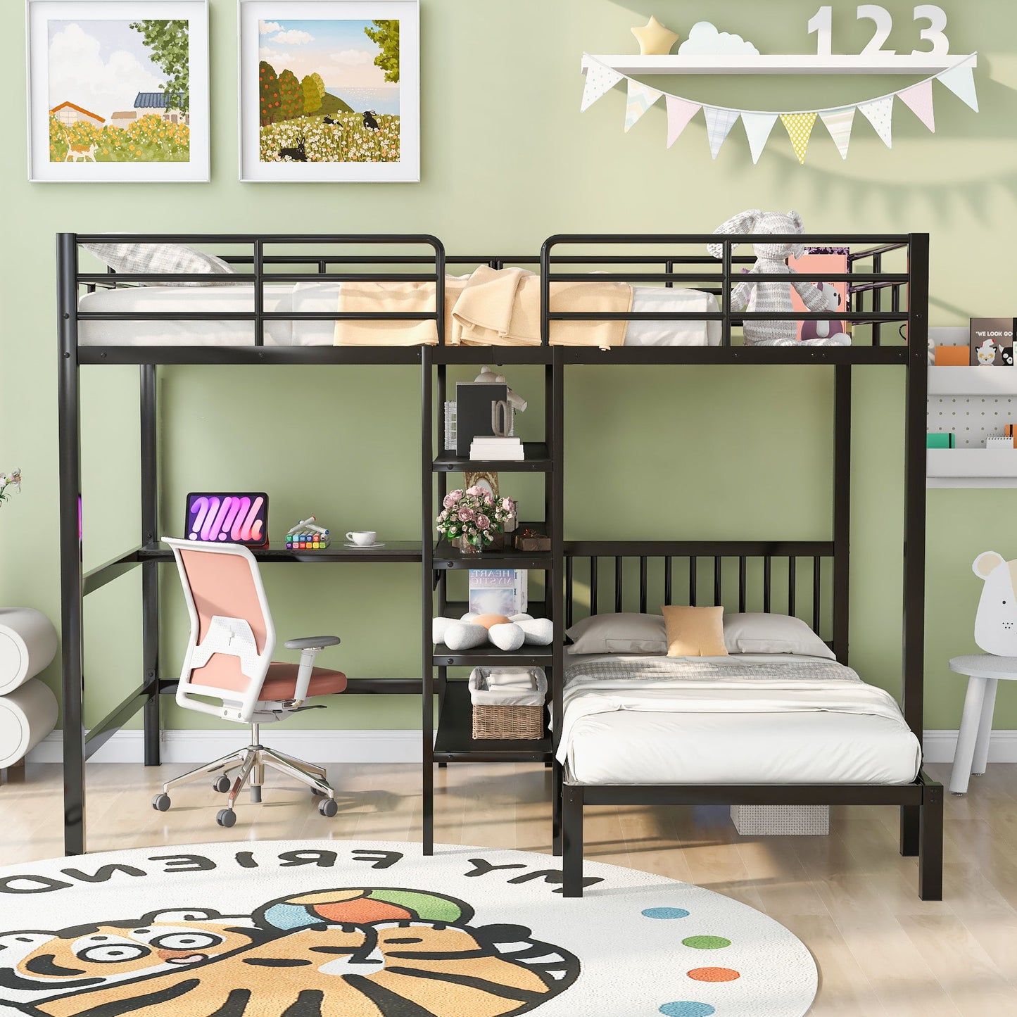 Full Over Twin Bunk Bed With Built In Desk, Shelves And Ladder - Black