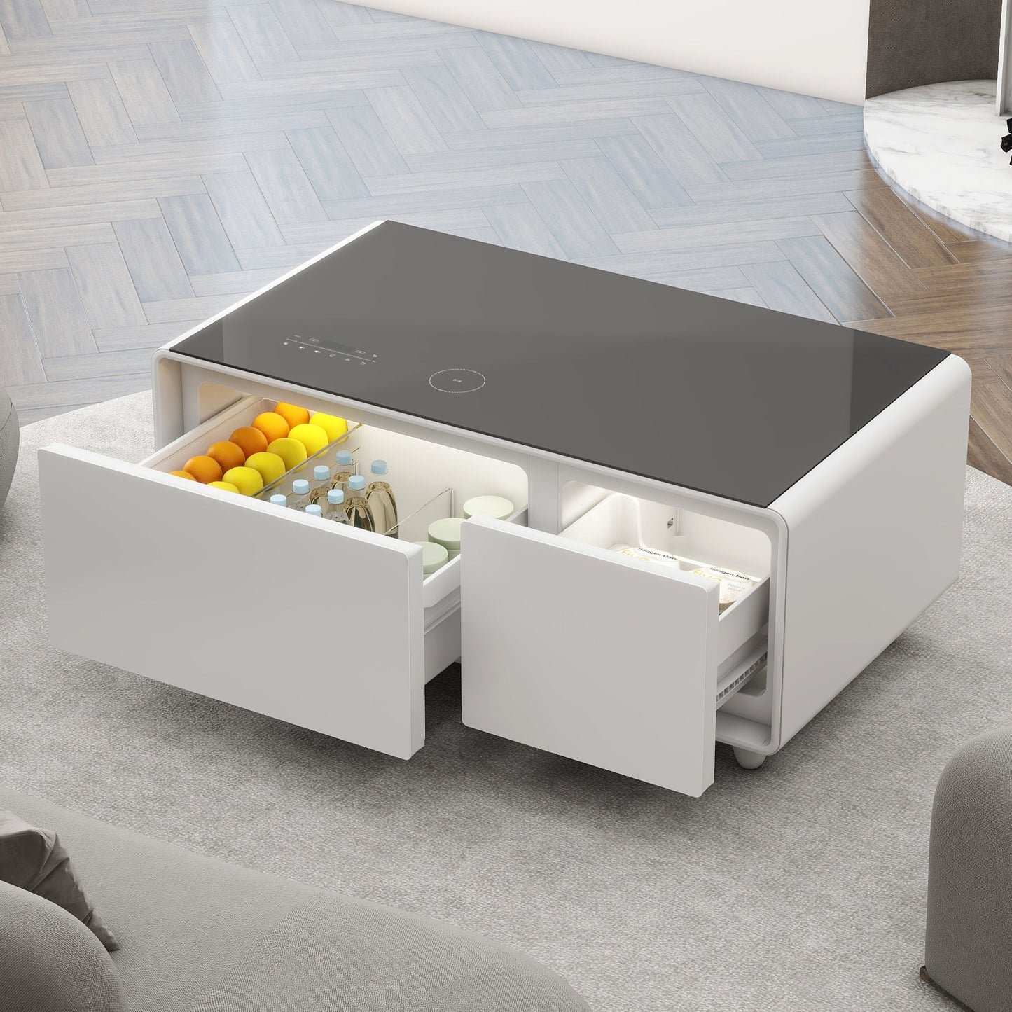 Modern Smart Coffee Table With Built-In Fridge - tooth Speaker, Wireless Charging, Touch Control Panel, USB Interface, Outlet Protection, Atmosphere Light