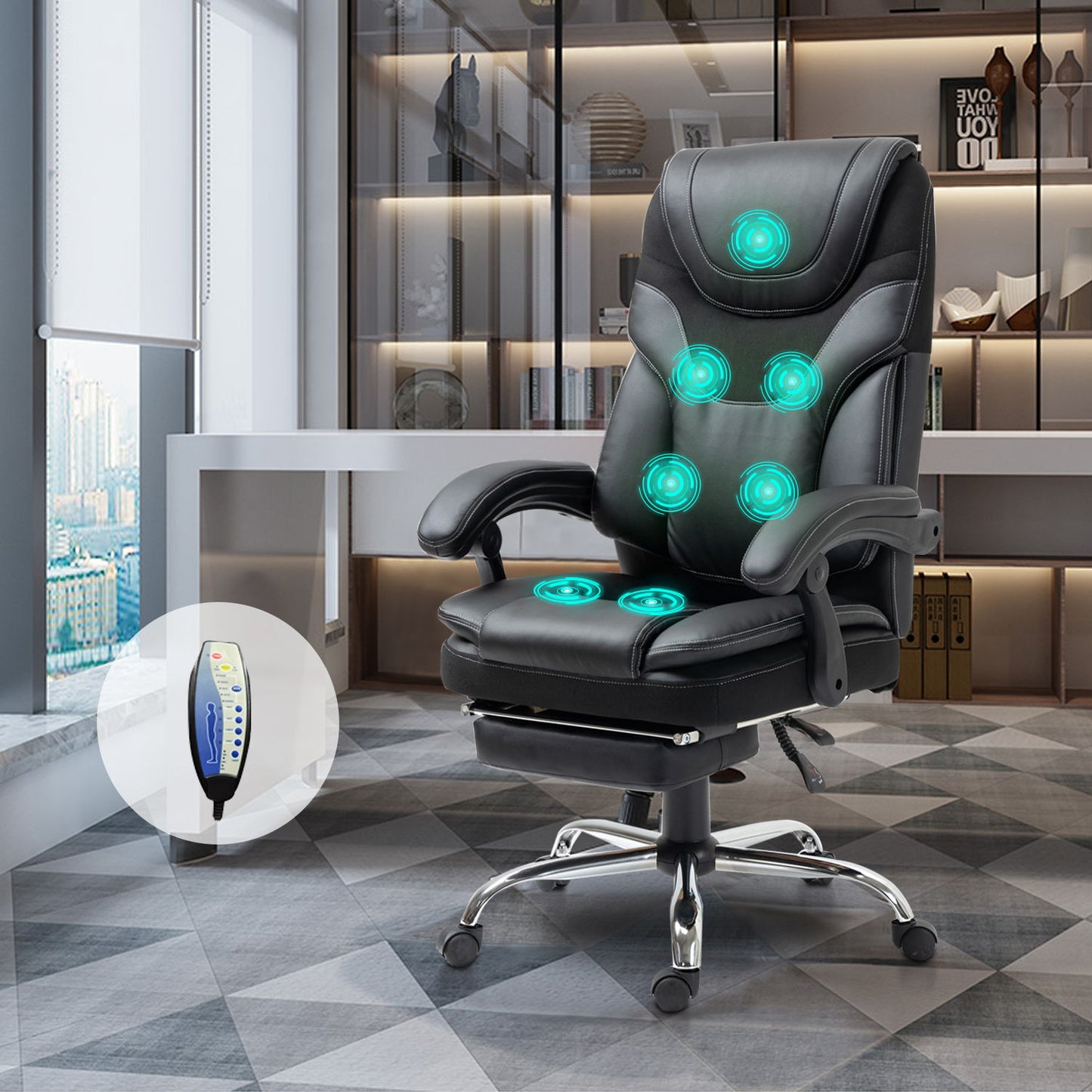 Massage Reclining Office Chair With Footrest, High Back Computer Chair Home Desk Ergonomic Executive Office Chair With Armrests, Adjustable Height - Black