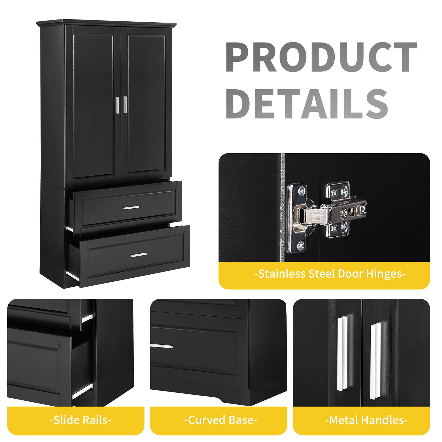 Tall Bathroom Storage Cabinet, Cabinet With 2 Doors And Drawers, Adjustable Shelf