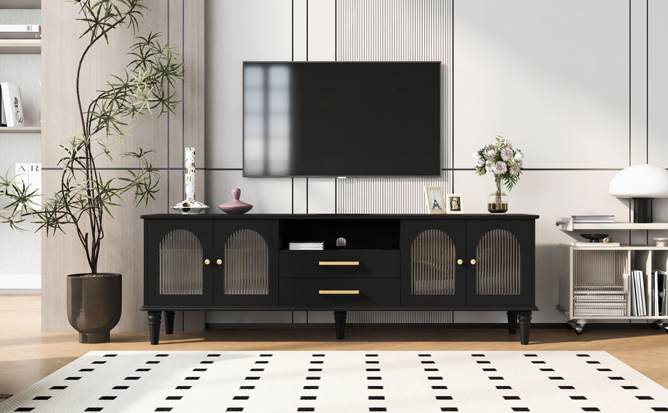 Retro TV Stand With Fluted Glass Doors