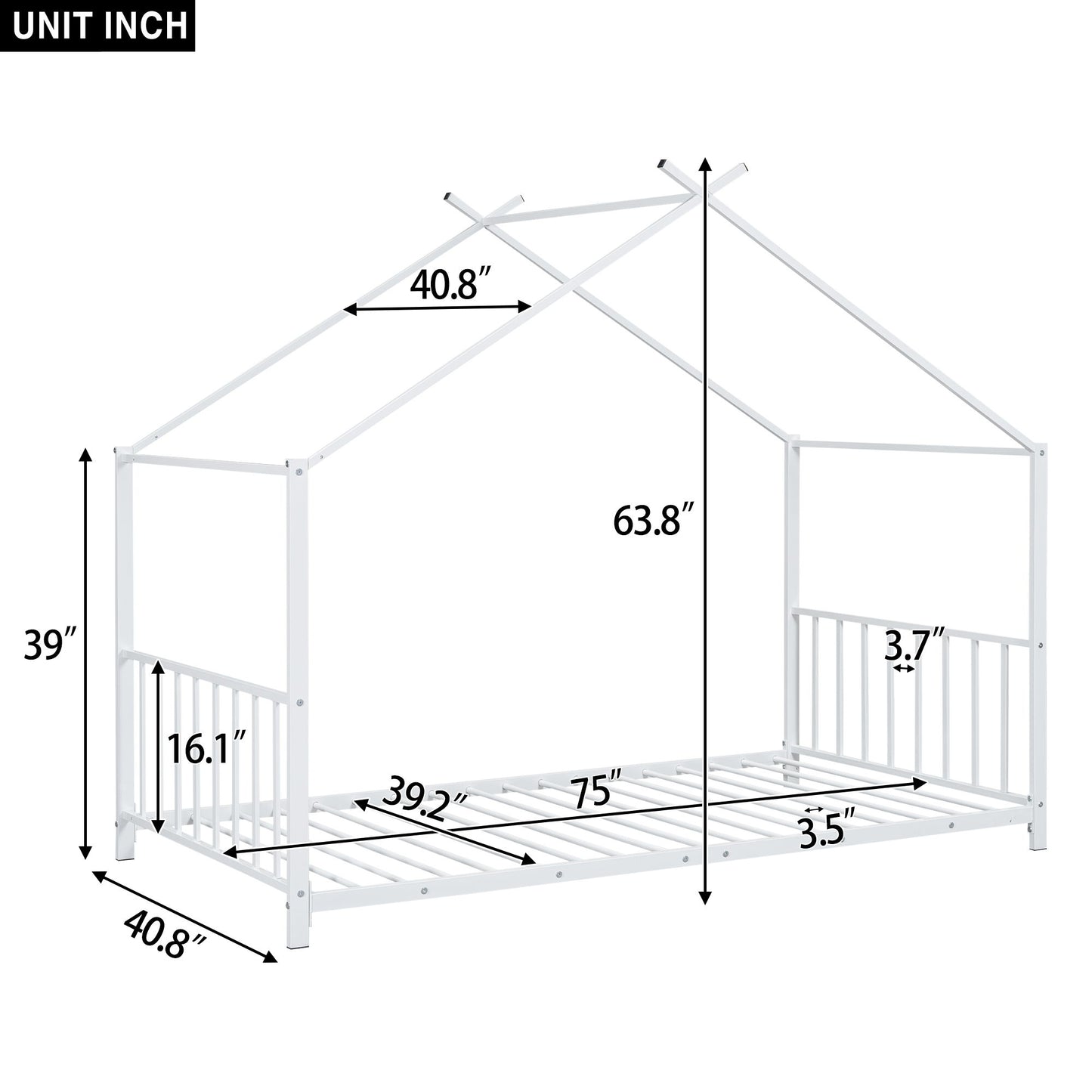 Twin Size Metal House Platform Bed - White