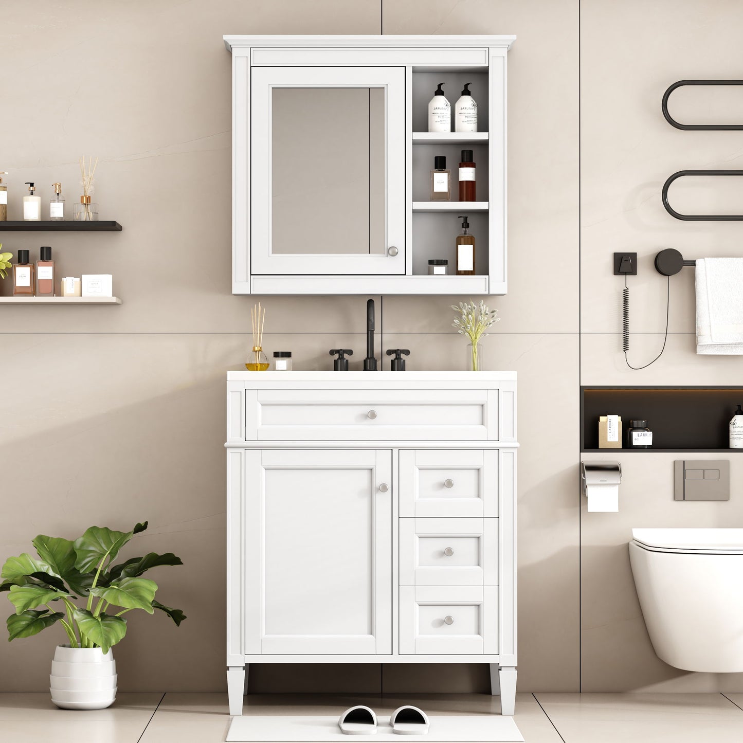 Bathroom Vanity With Top Sink, Storage Cabinet With 2 Drawers And Tip Out Drawer, Freestanding Set With Mirror Cabinet