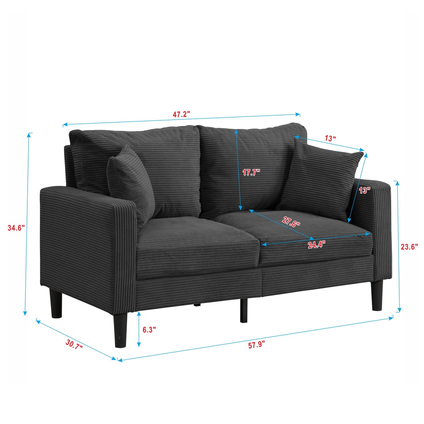 Modern Upholstered Loveseat Sofa With High Resilience, Wooden Frame - Dark Gray