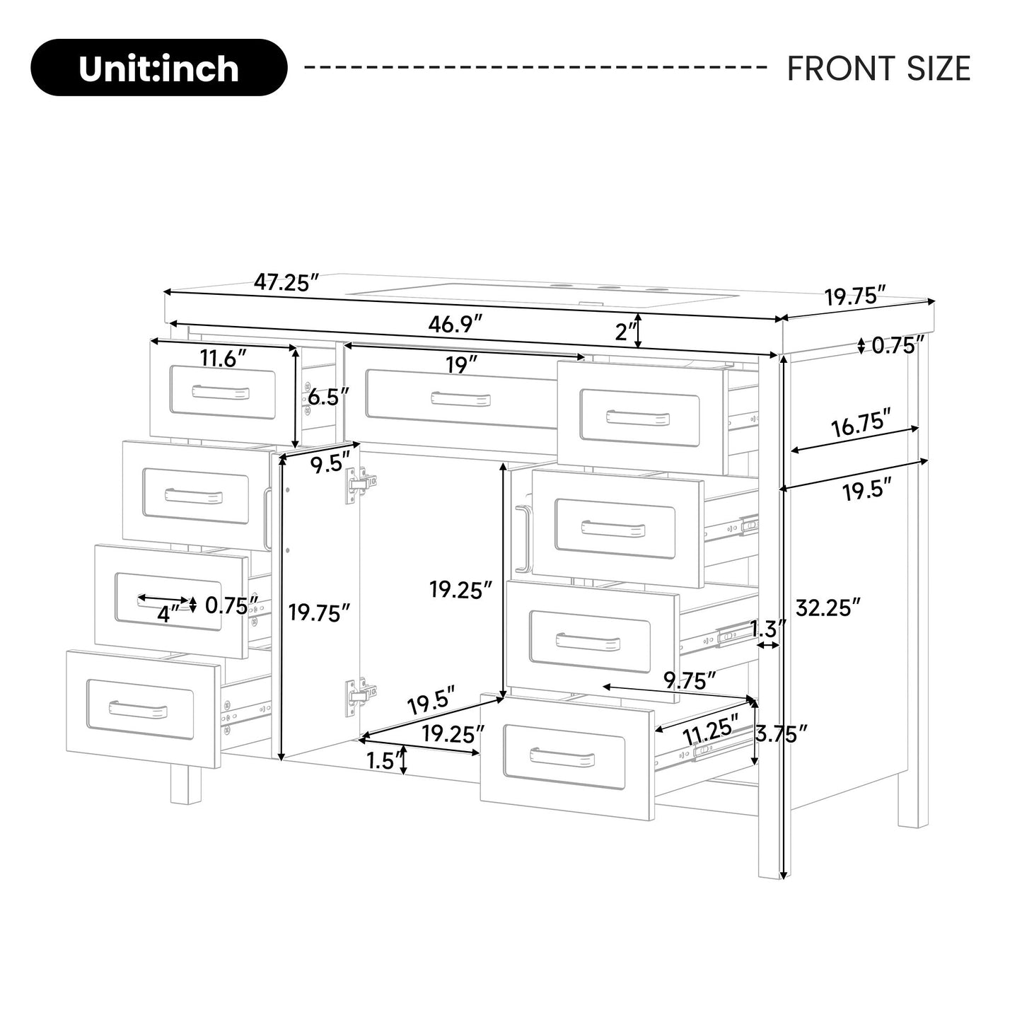 Bathroom Vanity Cabinet Only With 2 Soft Close Doors And 8 Drawers