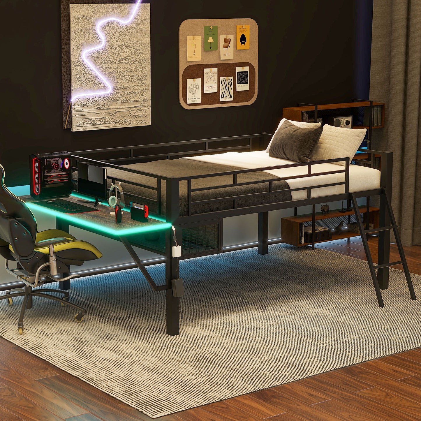 Modern Gaming Mid Loft Bed With Desk And LED Lights