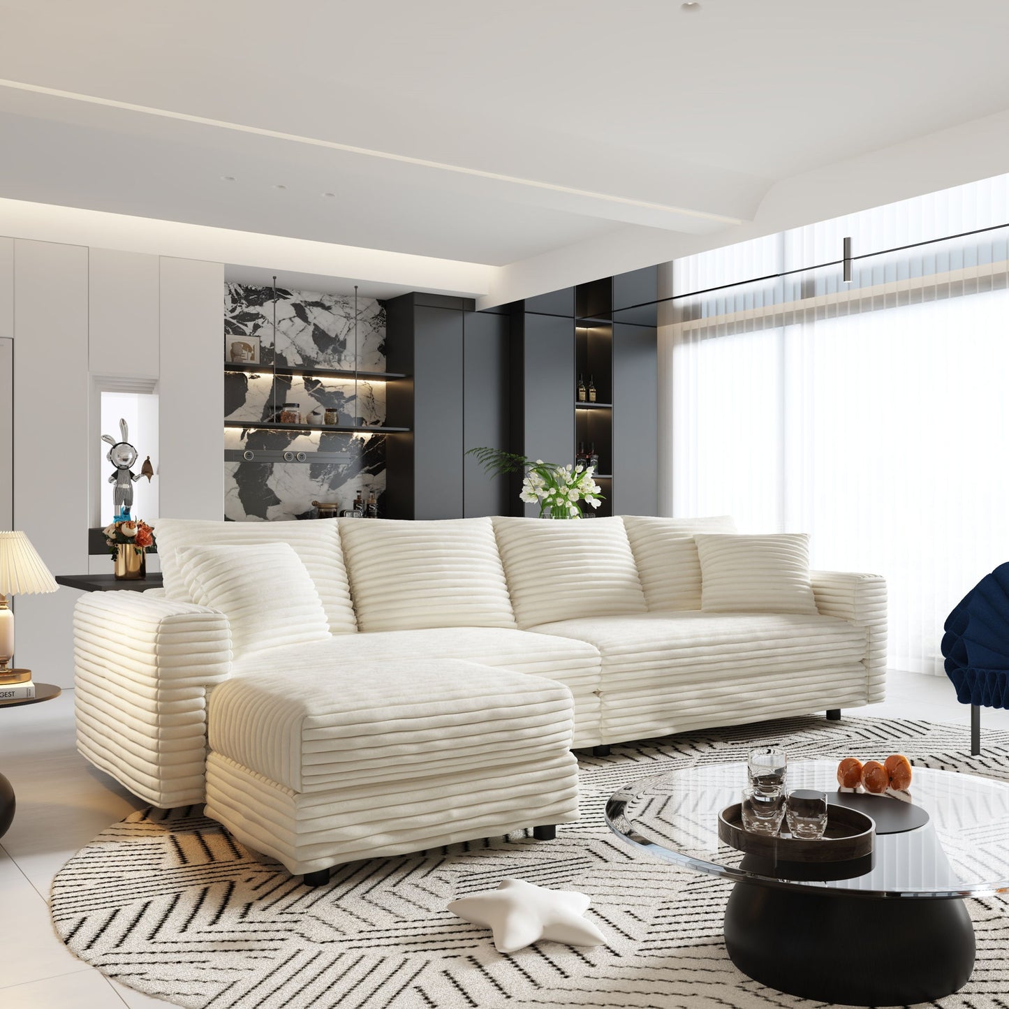 Plush Corduroy 4 Seat Sofa With Soft Pillows And Movable Ottoman