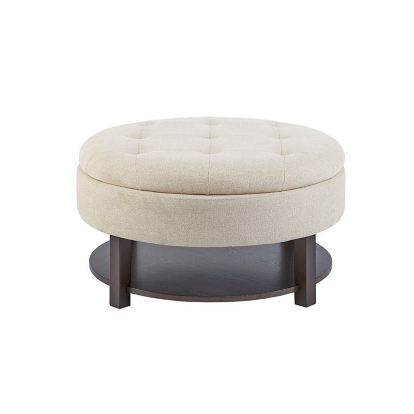 Miller - Round Storage Ottoman With Tufted Top And Shelf - Cream / Brown