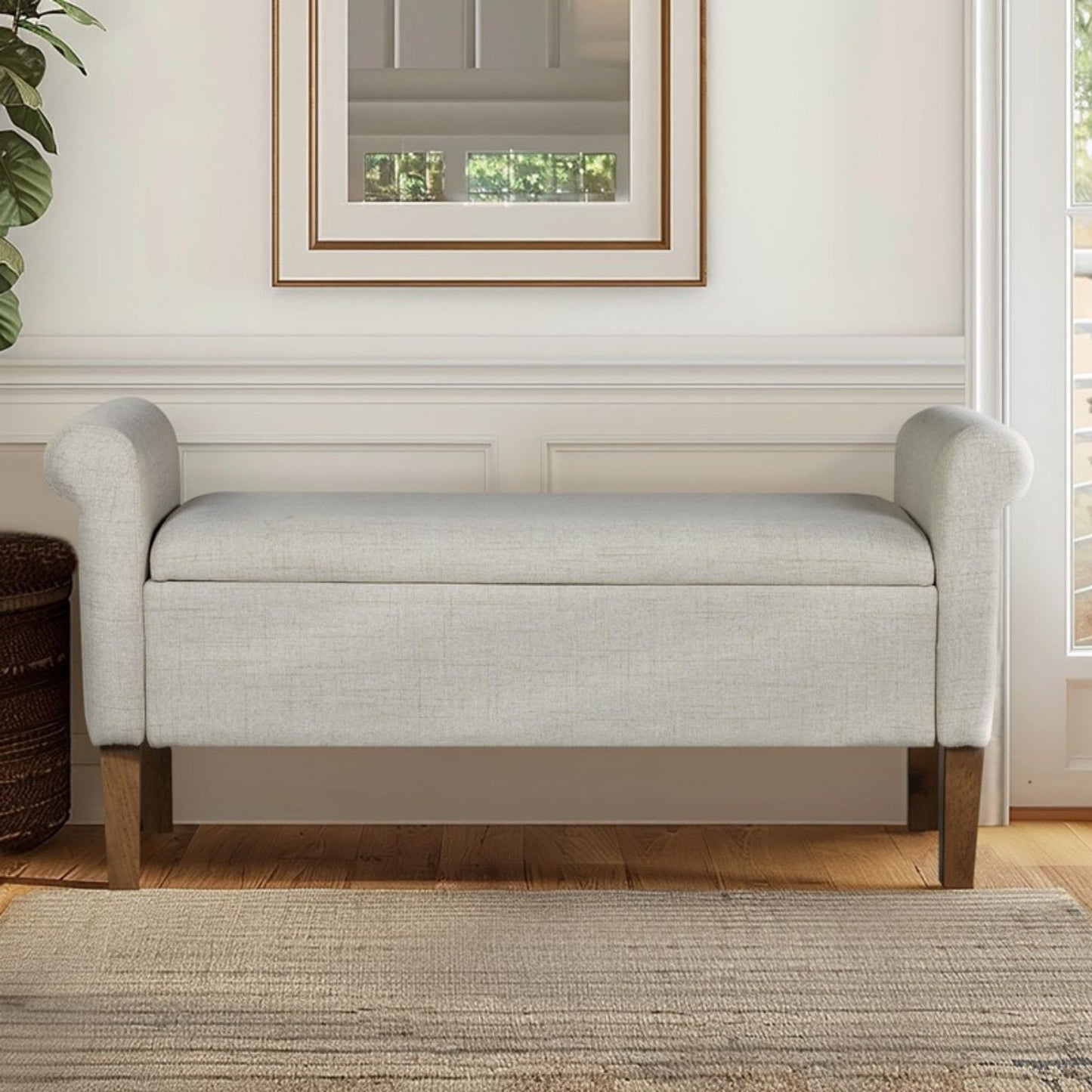 Upholstered Storage Bench With Rolled Armrests