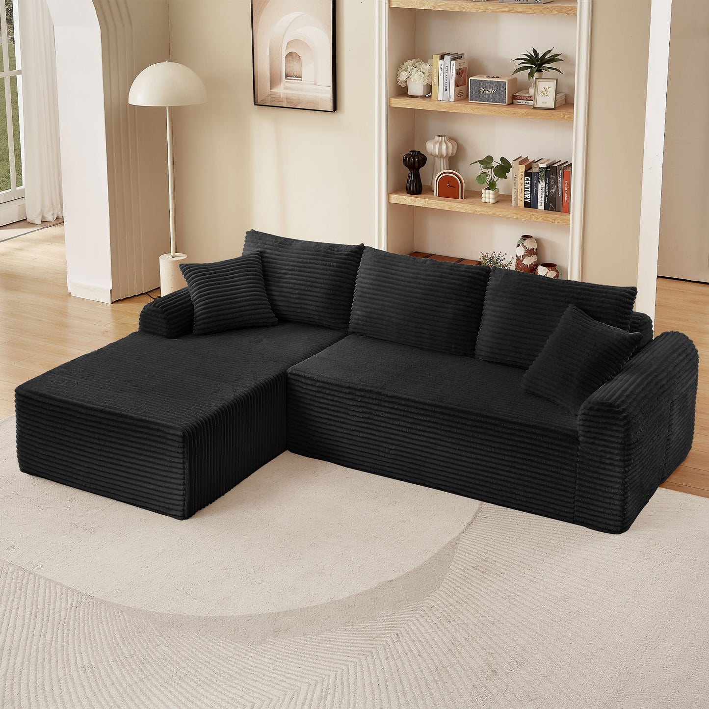 Modular Sectional With Arched Armrests, Includes 3 Back Cushions & 2 Throw Pillows
