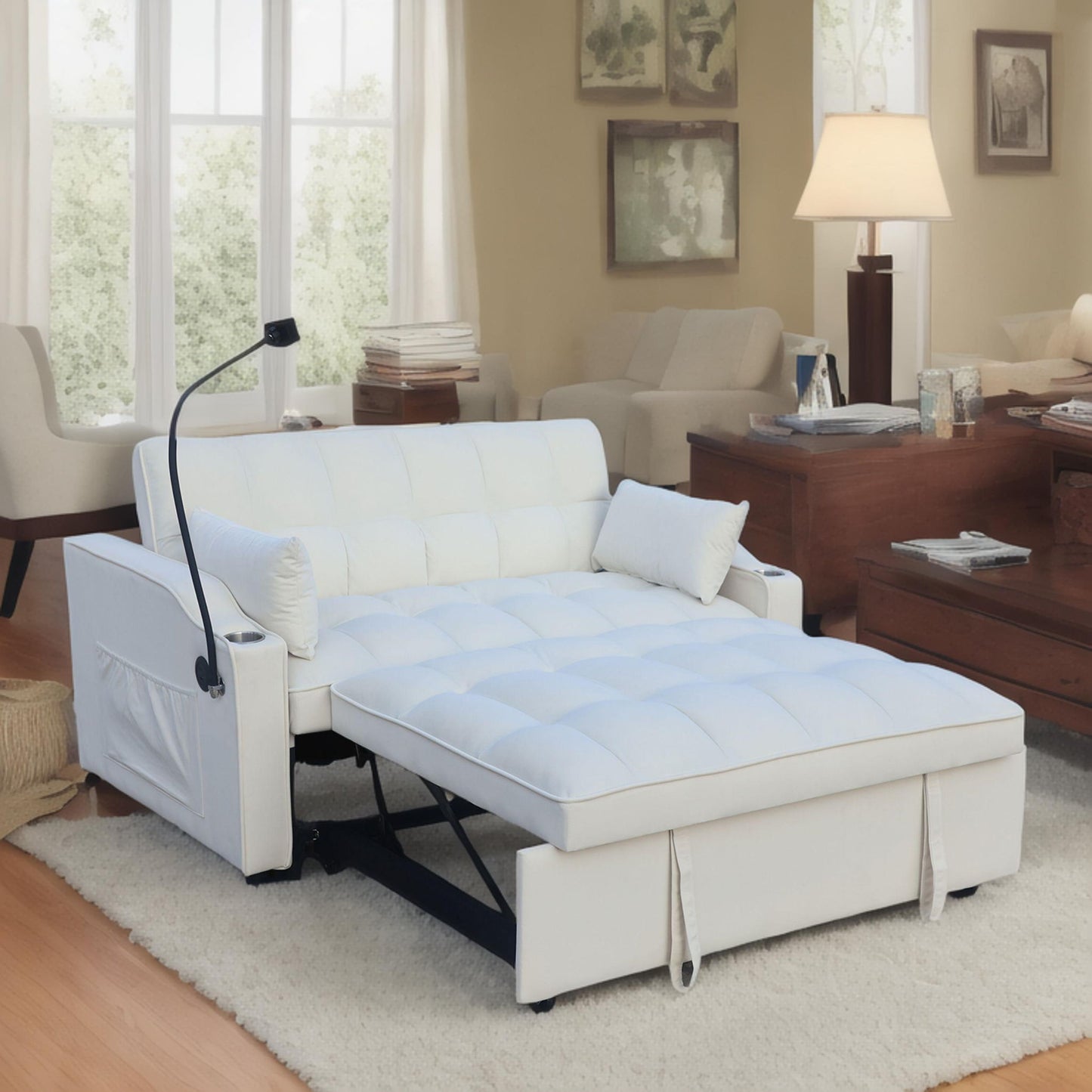 Modern Loveseat With Pullout Bed, Adjustable Reclining Backrest