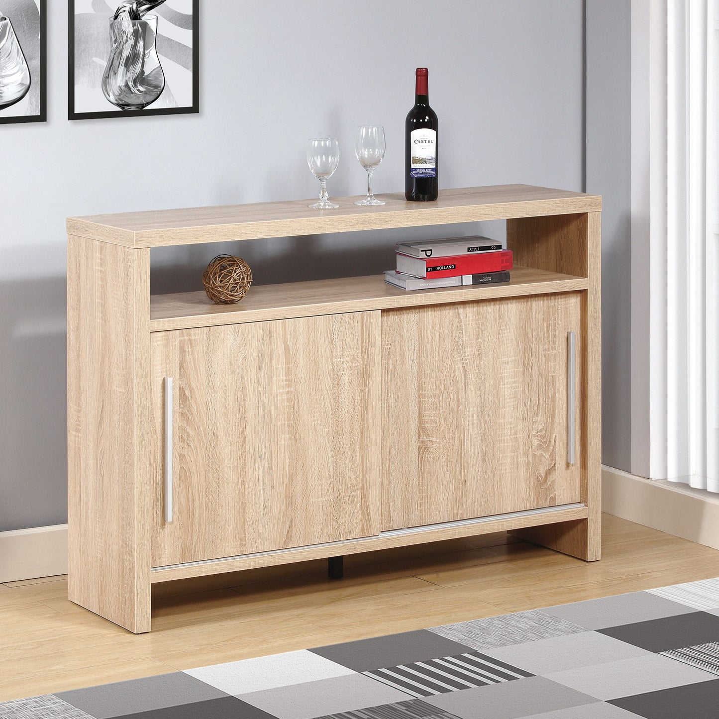 Sideboard Buffet Entry Cabinet Sliding Doors Metal Bar Handles Four Shelves