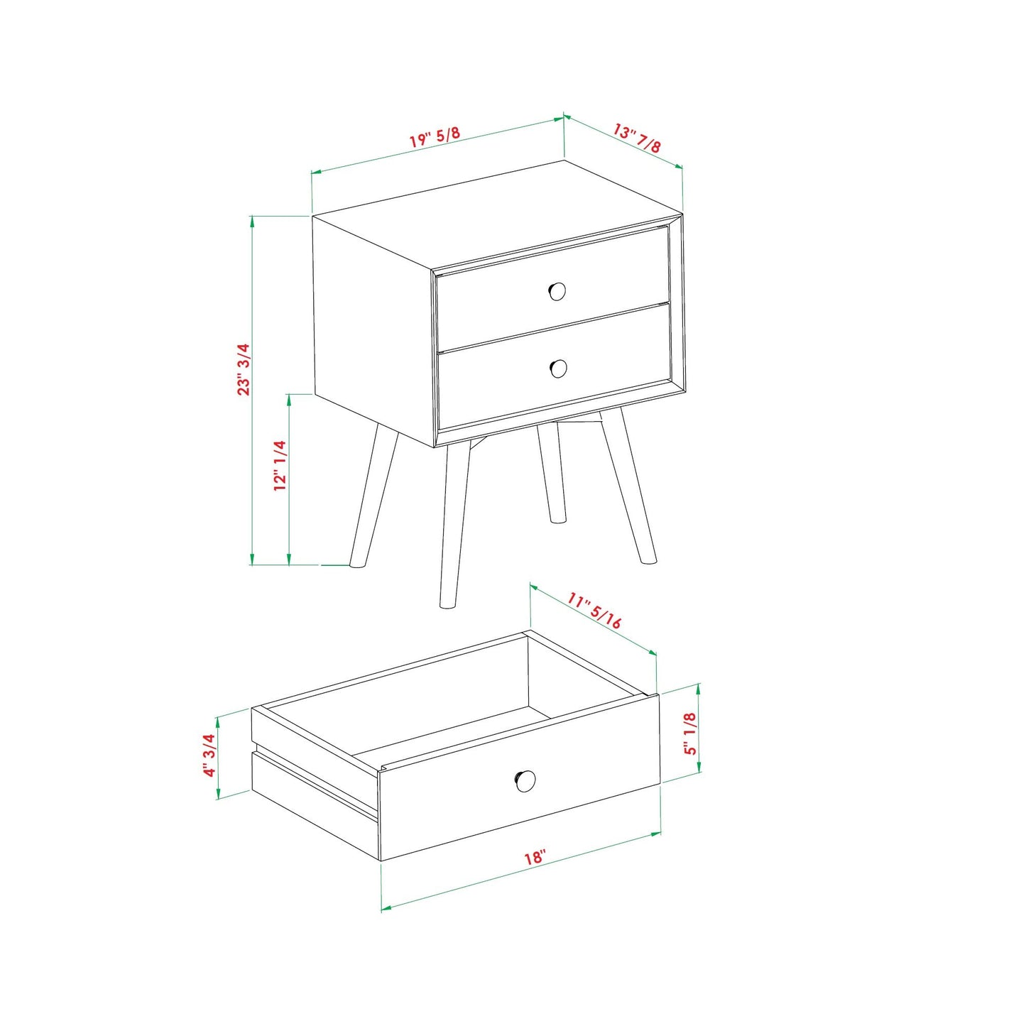 Mid-Century Modern Double Drawer Nightstand - Walnut