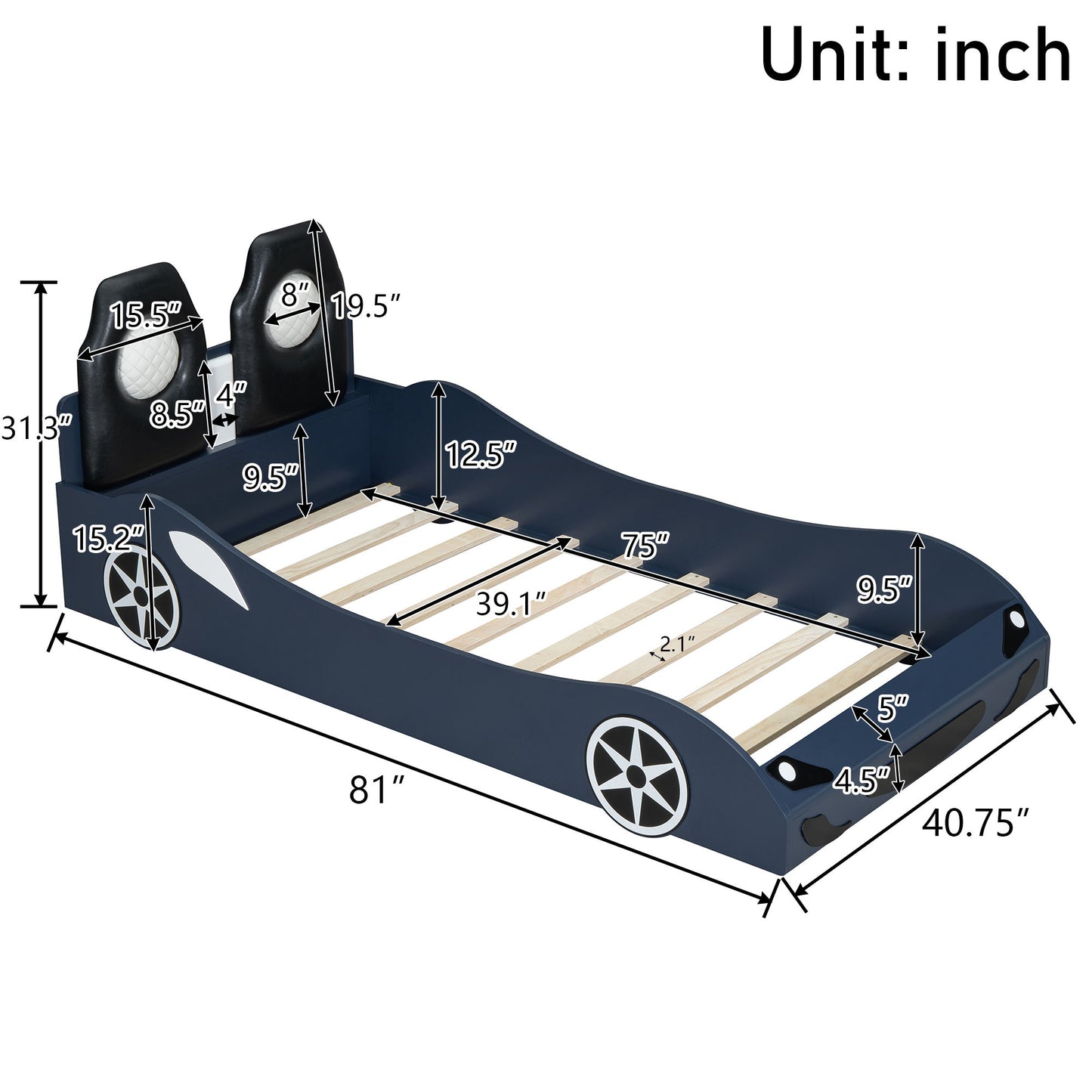 Race Car Shaped Platform Bed With LED And Upholstered Backrest In