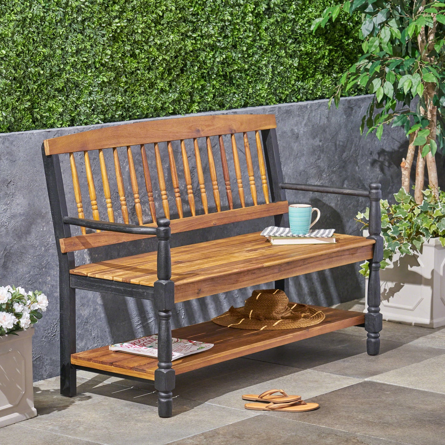 Slatted Bench With Built In Shelf