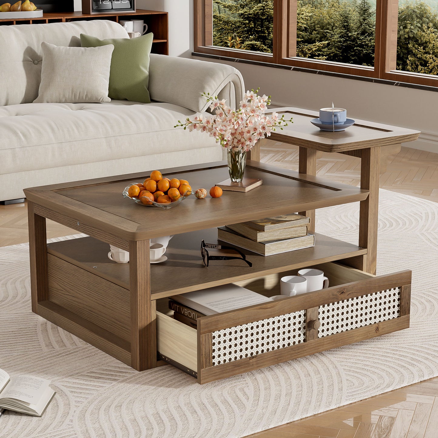 Coffee Table With 1 Storage Shelf, 2 Tabletops And 1 Rattan Drawer