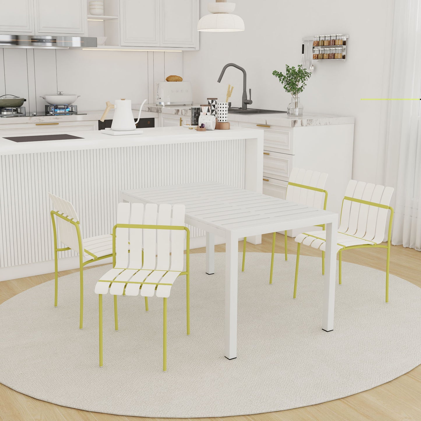 4 Piece Set Of Modern Color Block Designed Single Chairs With Long Table