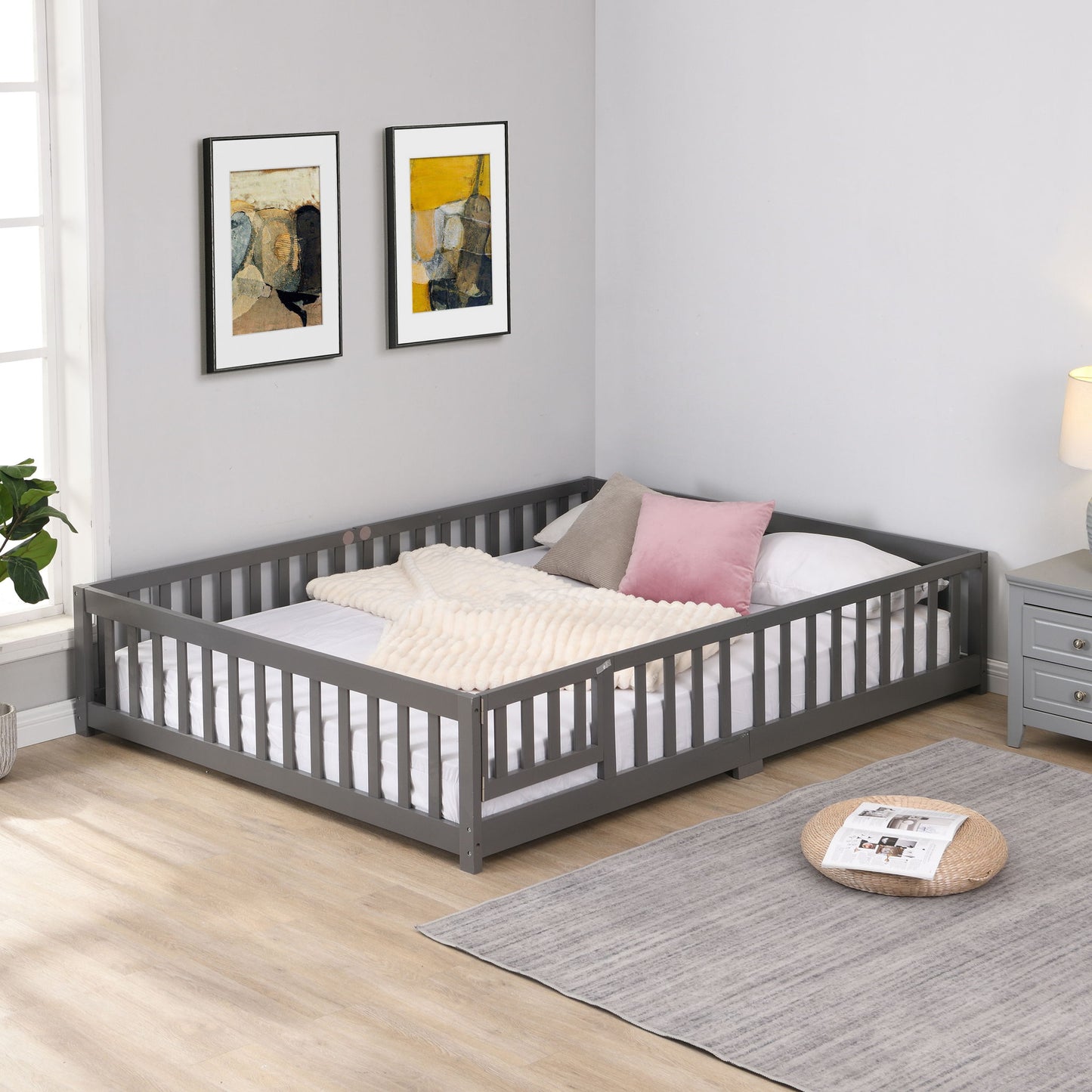 Solid Floor Bed With Door And Fence For Children