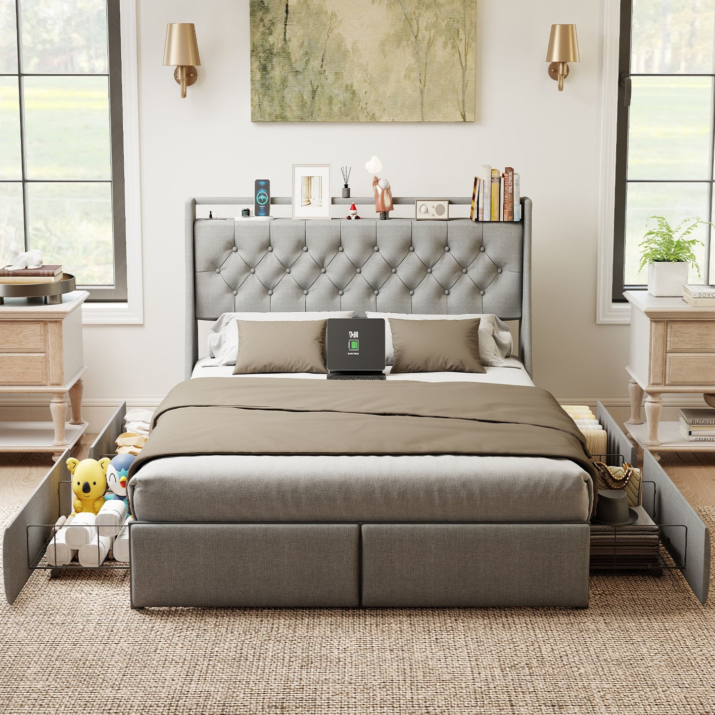 Queen Platform Bed Frame With RGB LED & Charging Station, Storage Headboard - Gray
