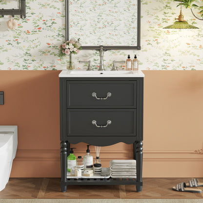 Wave Design Bathroom Vanity With Sink, 2 Drawers And Open Shelf