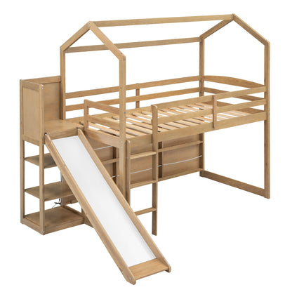 House Loft Bed With Slide, Storage Shelves And Light, Climbing Ramp