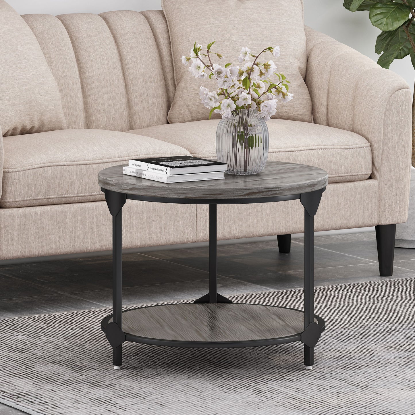 Coffee Table With Wood Patterned Tabletop And Iron Frame - Gray