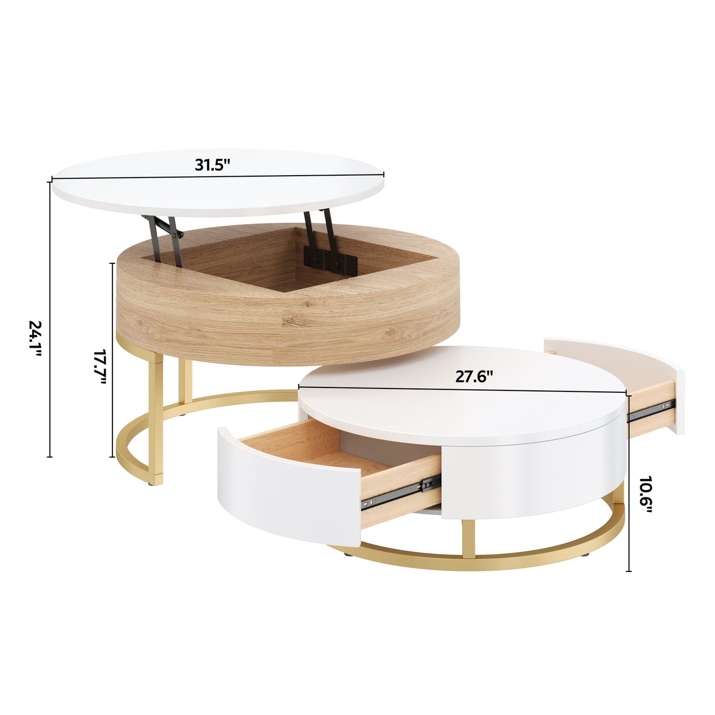 Modern Round Lift-Top Nesting Coffee Tables With 2 Drawers