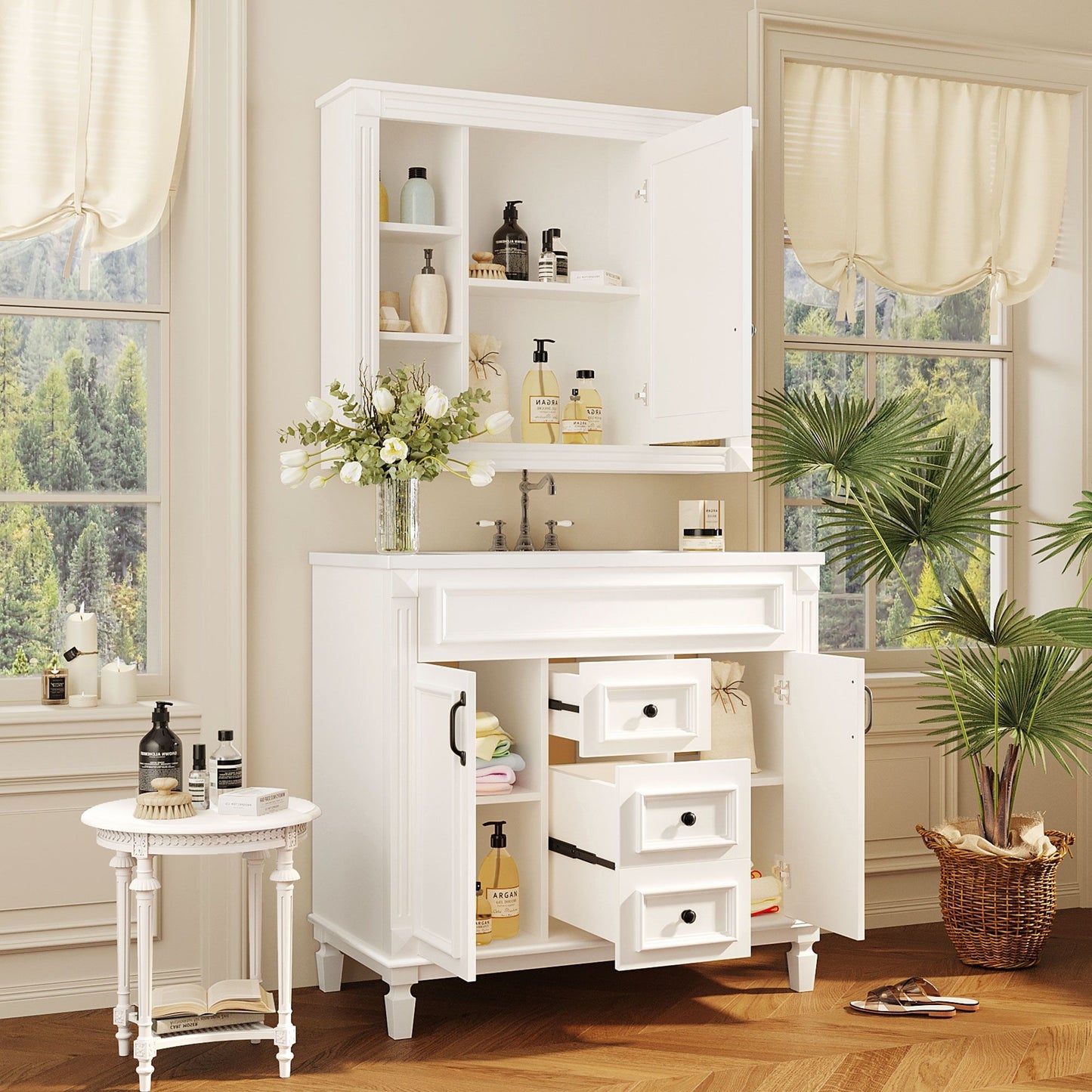 Bathroom Vanity With Top Sink, Mirror Cabinet, 2 Soft Closing Doors & 2 Drawers
