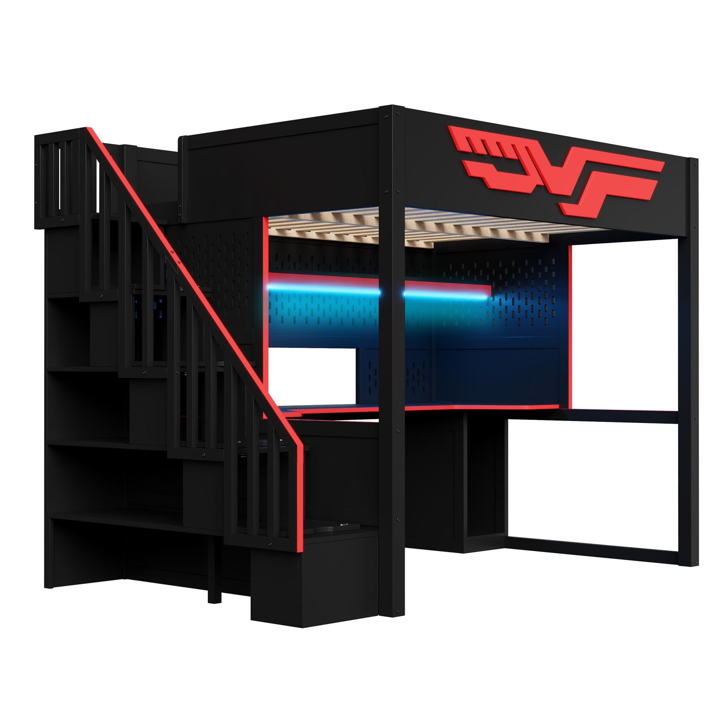 Full Gaming Loft Bed With Desk And Storage Staircase, LED Lights And USB - Red / Black