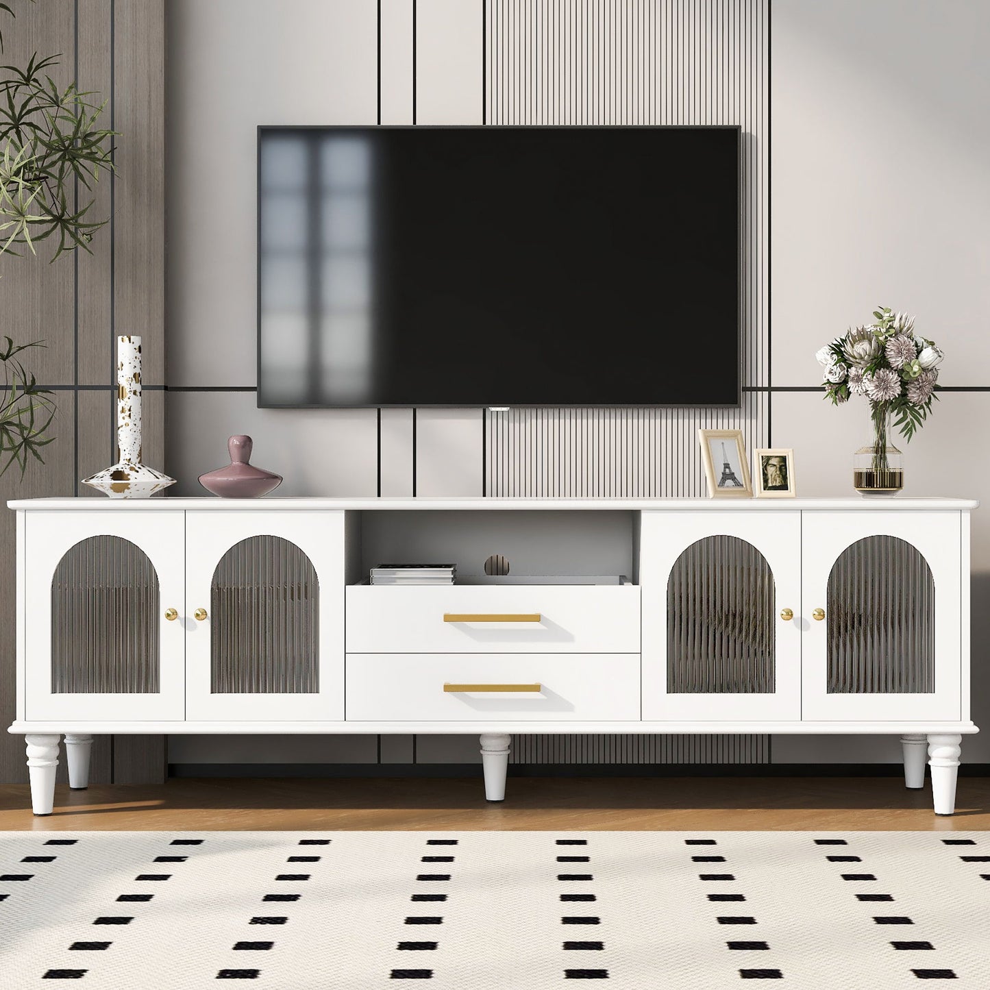 Retro TV Stand With Fluted Glass Doors
