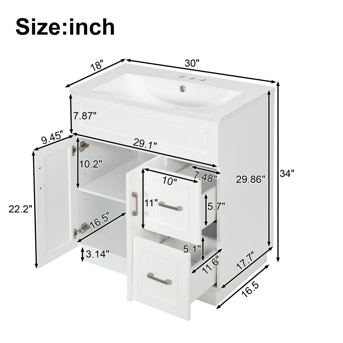 Bathroom Vanity With 2 Doors, 2 Drawers, Adjustable Shelf, Hidden Slides & Soft Close Hinges