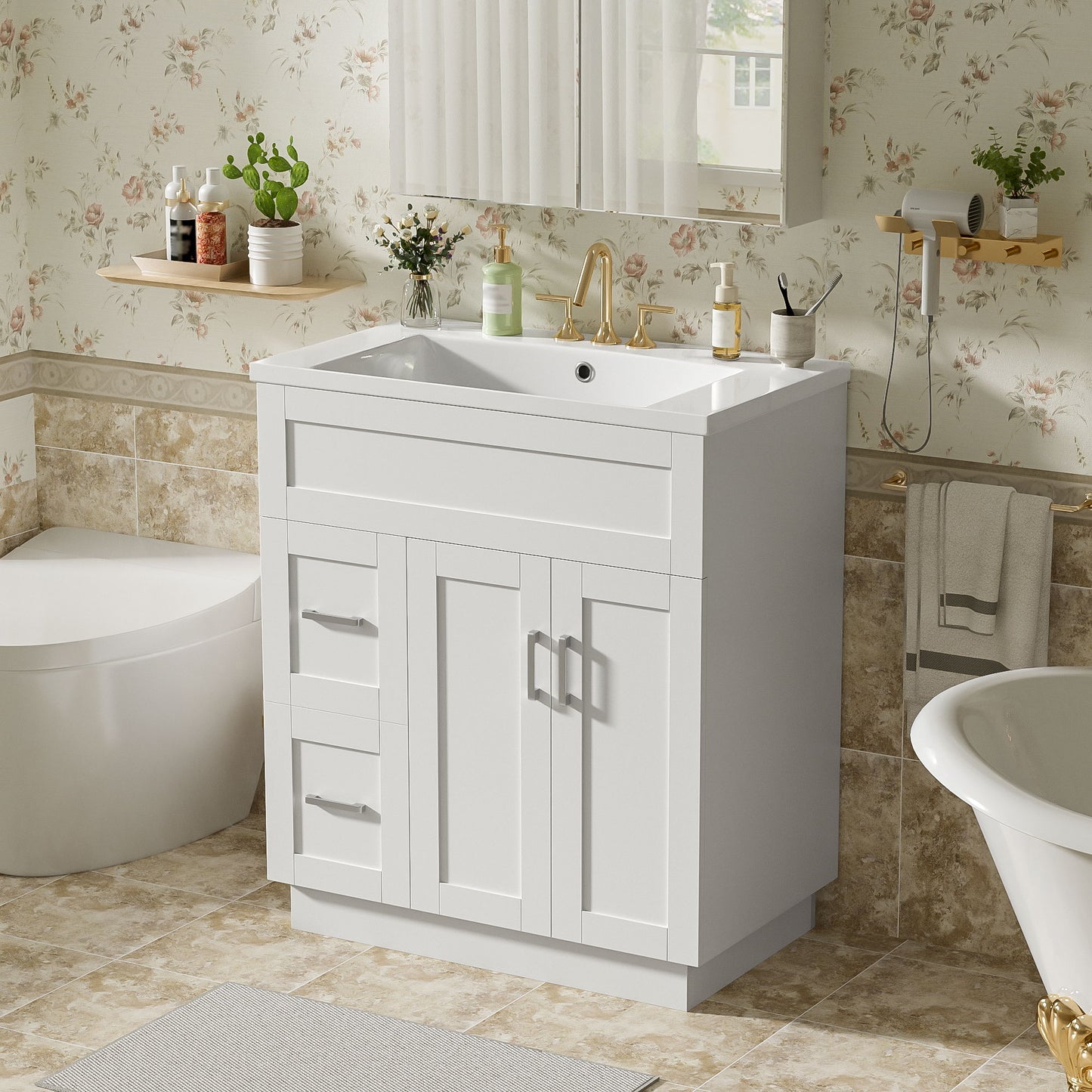 Bathroom Vanity With 2 Doors, 2 Drawers, Adjustable Shelf, Hidden Slides & Soft Close Hinges