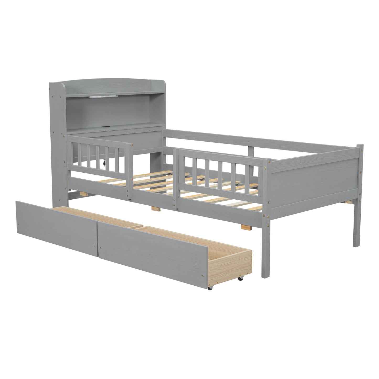 Platform Bed With LED Light, Multi Functional Headboard, Guardrail And 2 Drawers