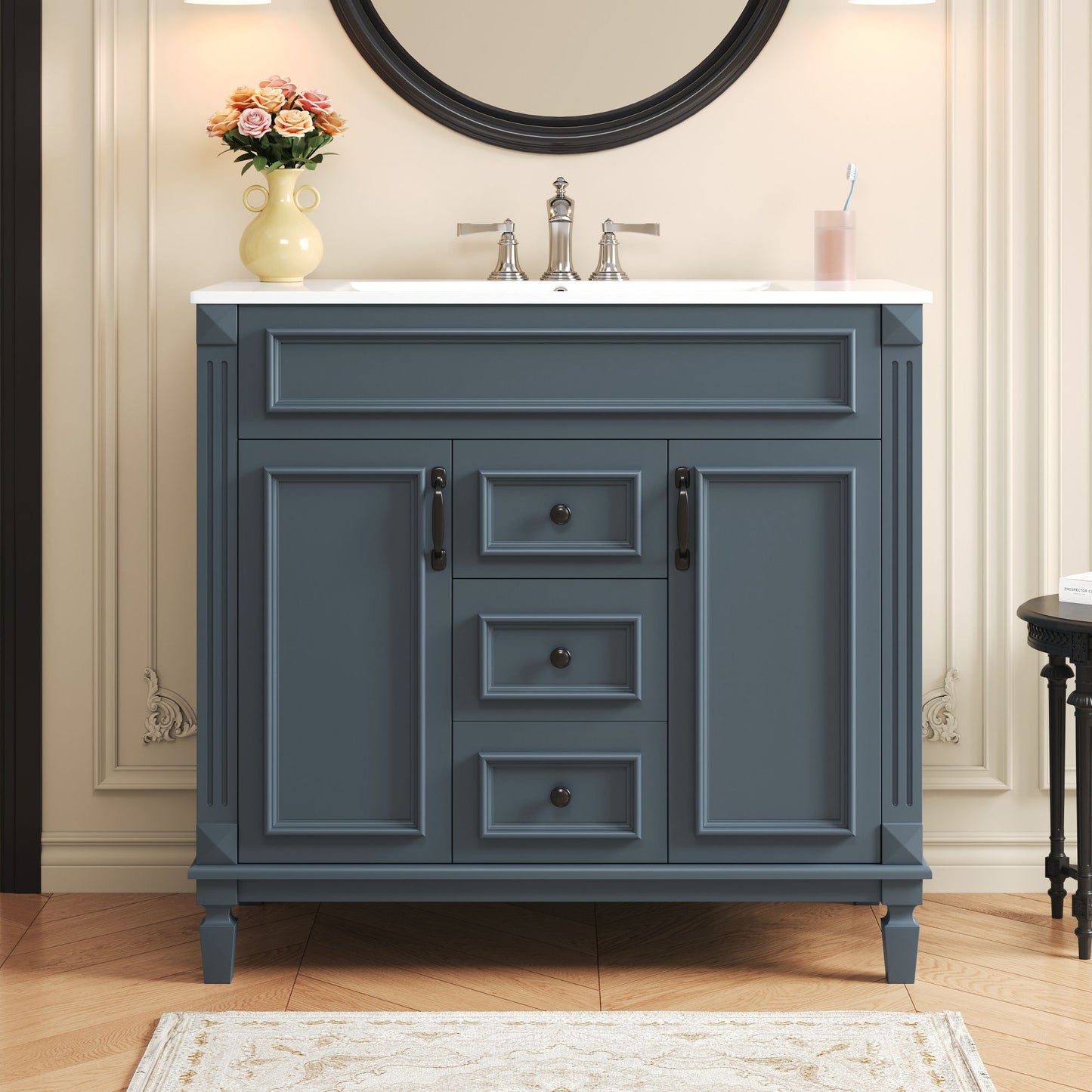 36" Bathroom Vanity With Top Sink, Basin On Cabinet With 2 Soft Closing Doors And 2 Drawers - Blue
