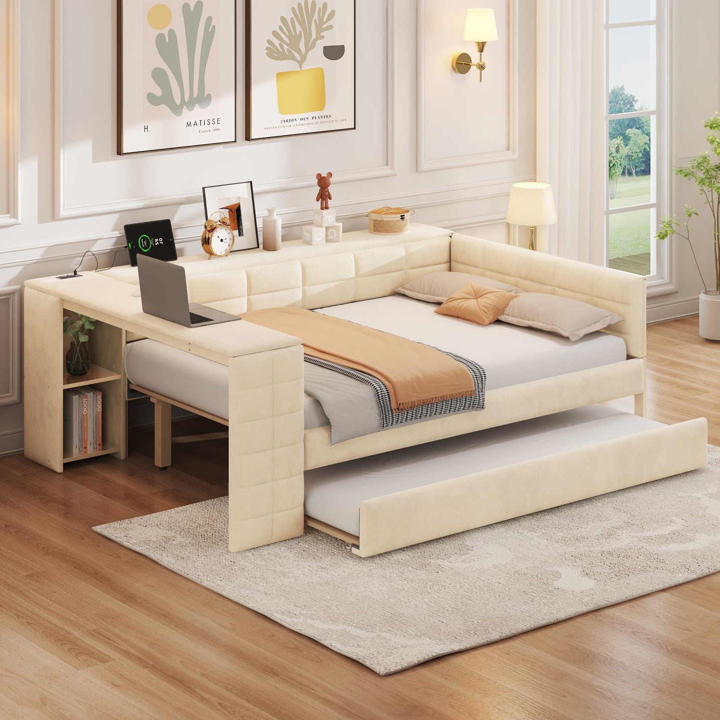 Upholstered Platform Bed With Storage Shelves, Desk, Charging Station And Trundle