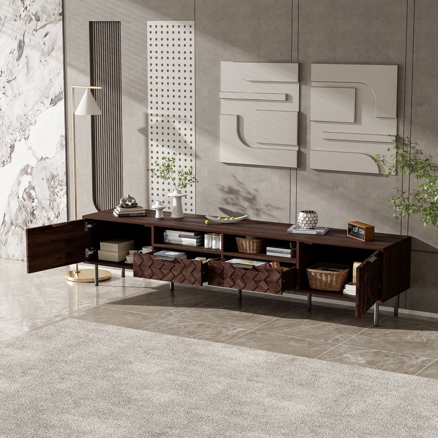 TV Stand For TVs Up To 85" With Closed Storage, Soft Closing Hinges, Living Room Entertainment Center - Walnut