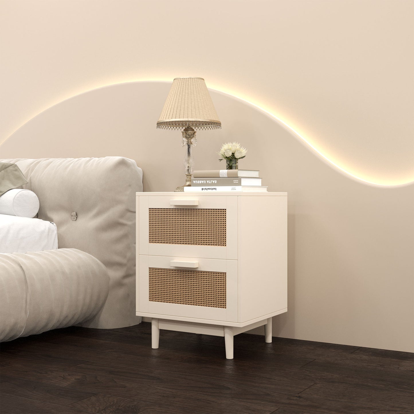 Nightstand With 2 Drawers, Storage Side Table For Bedroom - Antique Natural / Rattan