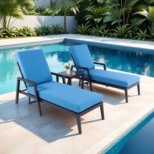 3 Piece Outdoor Patio Lounge Set, 2 Chaise & 1 End Table With Modern Tapered Feet, Pneumatic Adjustable Backrest, Wheels, Sunbrella Cushion - Ember Black / Blue