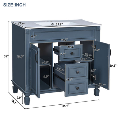36" Bathroom Vanity With Top Sink, Basin On Cabinet With 2 Soft Closing Doors And 2 Drawers - Blue