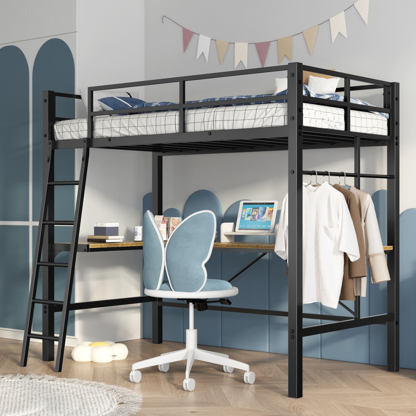 Twin Metal Loft Bed With L - Shaped Desk, Charging Station Loft Bed Frame Twin Size, Safety Guard & Ladder, No Box Spring Needed - Black
