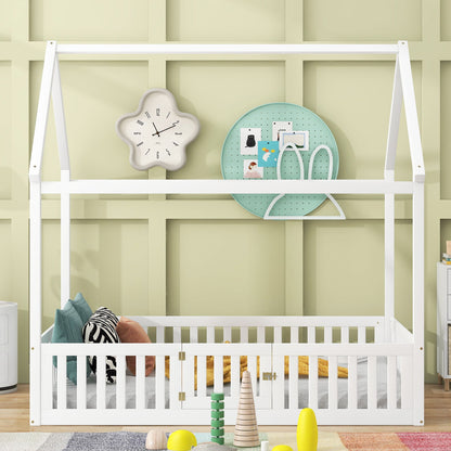 Wood House Bed With Fence And Door