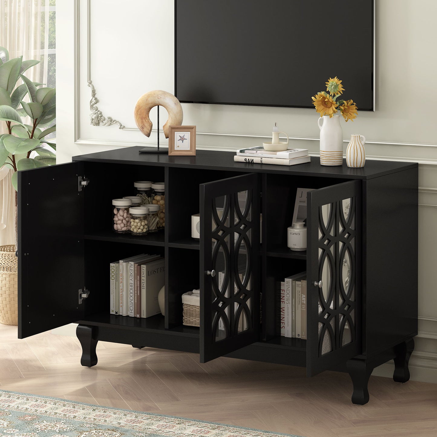 Modern Mirrored TV Stand, 3 Adjustable Shelves For Living Room