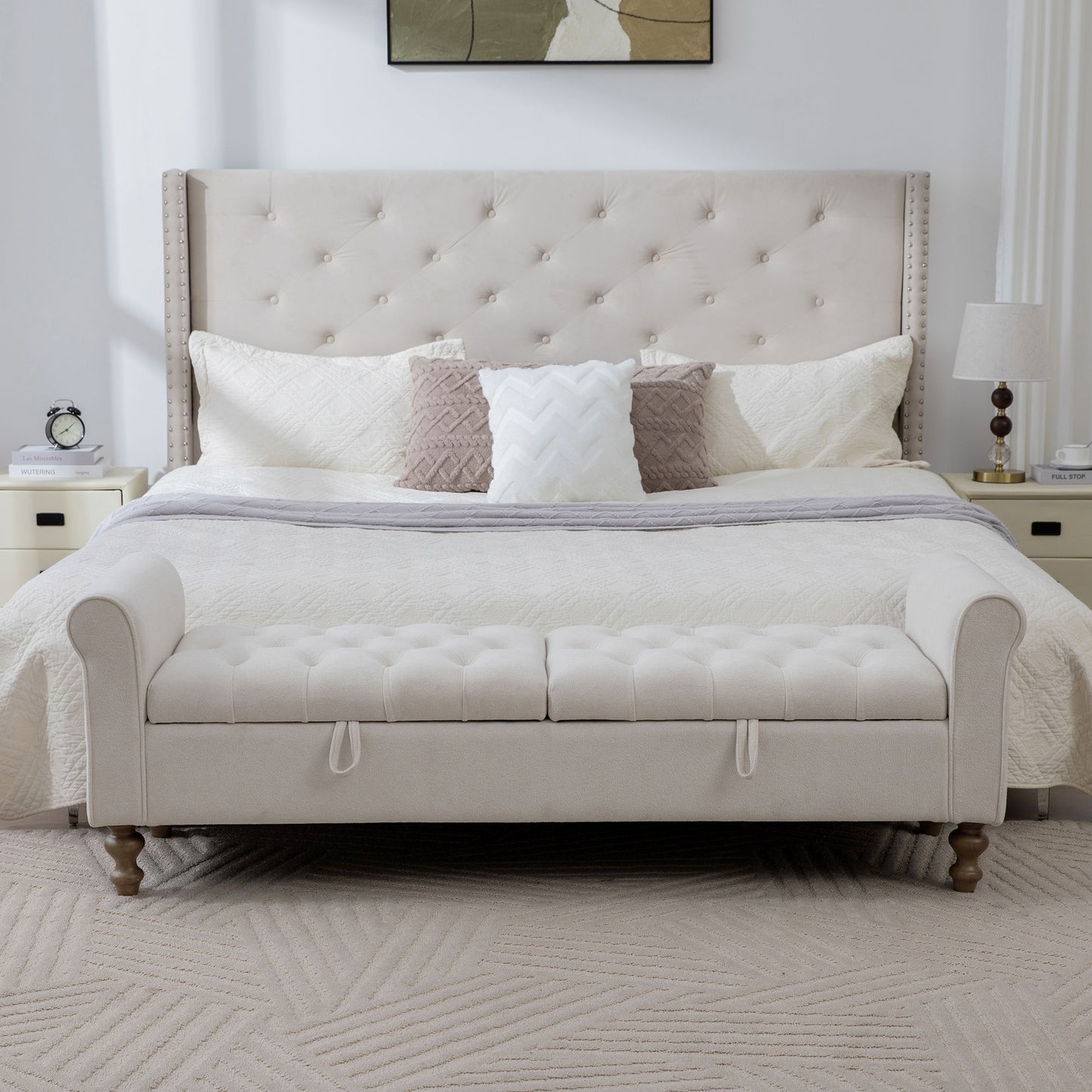 Modern Upholstered Storage Bench With Rolled Armrests]