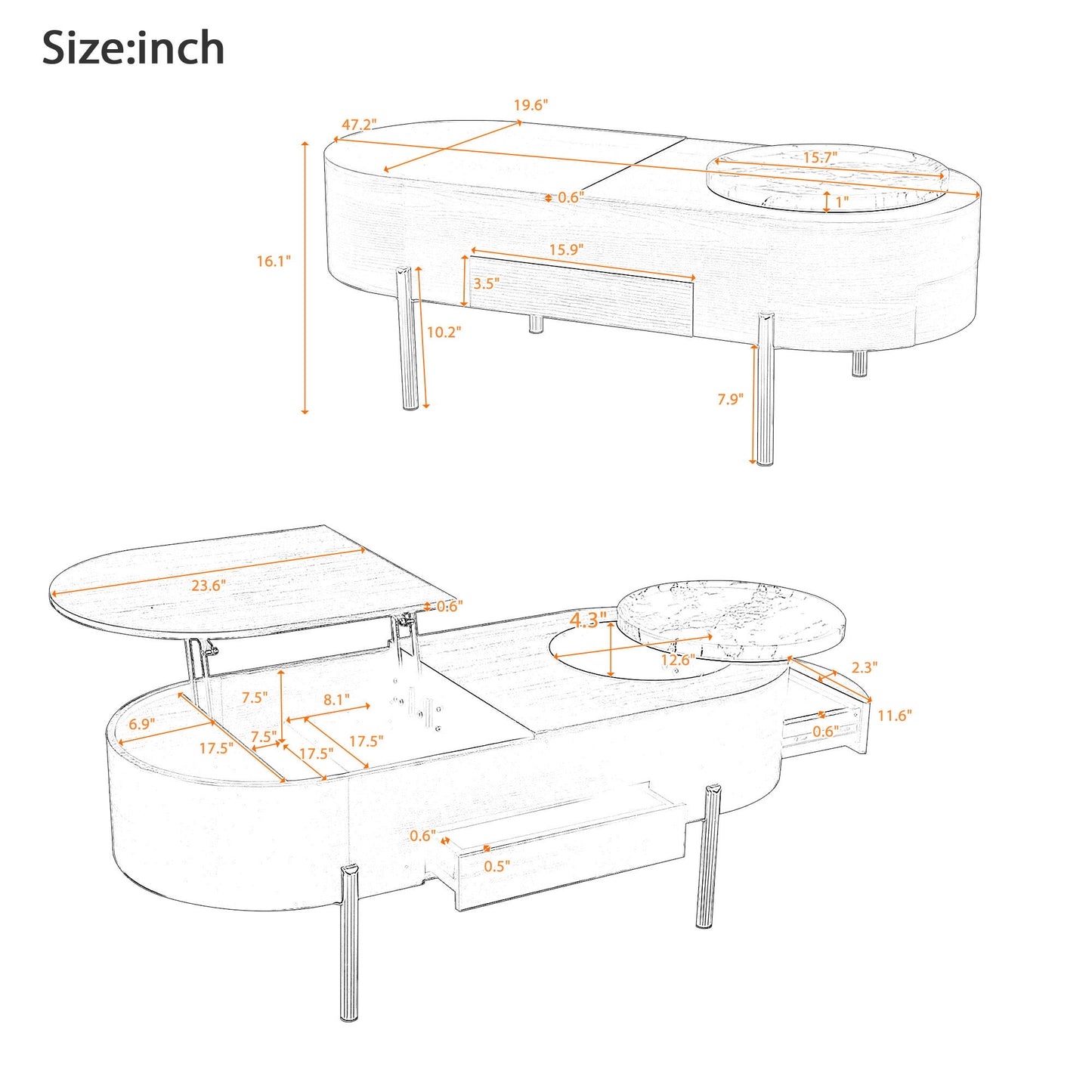 Lift Top Coffee Table With 360 Degree Marble Patterned Rotating Tray