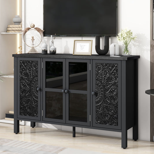 Retro TV Stand With 3 Spacious Cabinets, Glass Cabinet Doors And Anti-Tip Device