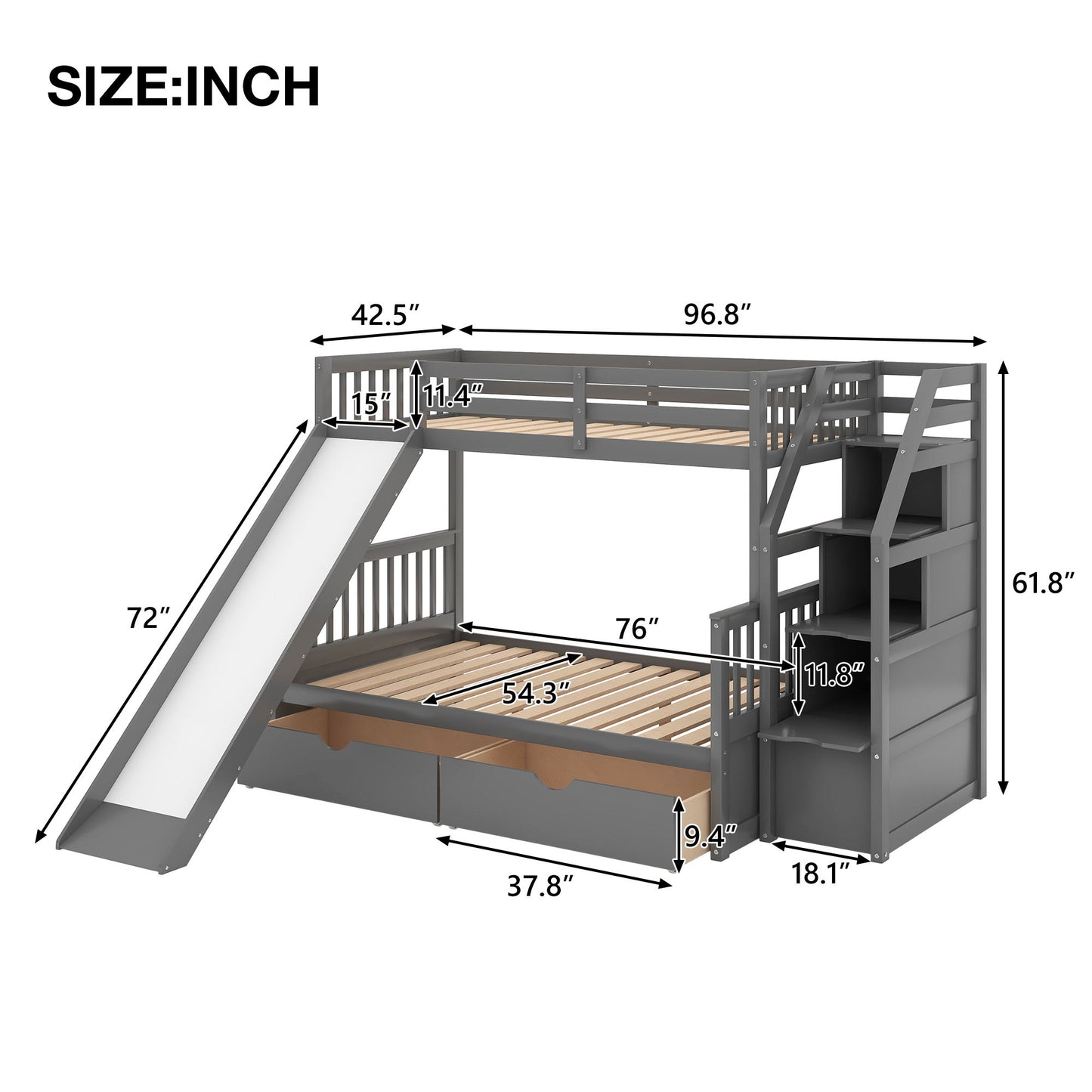 Bunk Bed With Storage Staircase, Slide, Desk, Drawers, And Shelves