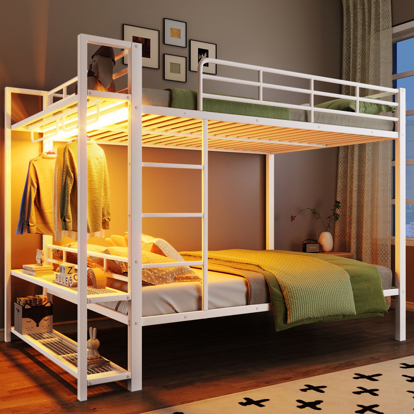 Bunk Bed With Storage Mesh Shelves, Clothes Hooks, LED Light