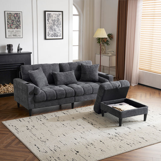 3 Seat L-Shaped Chenille Sofa With Removable And Storage Ottoman, Side Storage, And USB / C - Type Charging Ports Sofa For Living Room