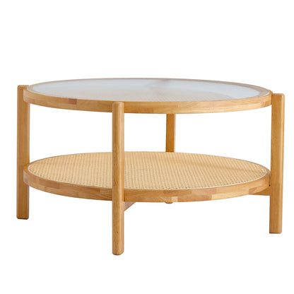 Modern Style Circular Double Layer Tea Table With Rattan Weave